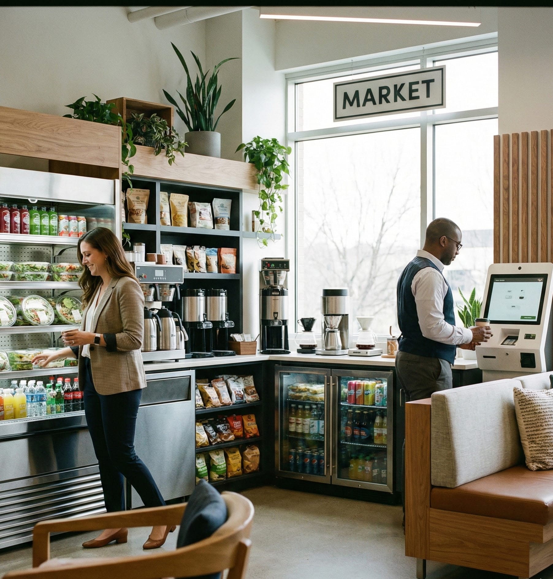 micro market with person browsing items and man checking out at kiosk