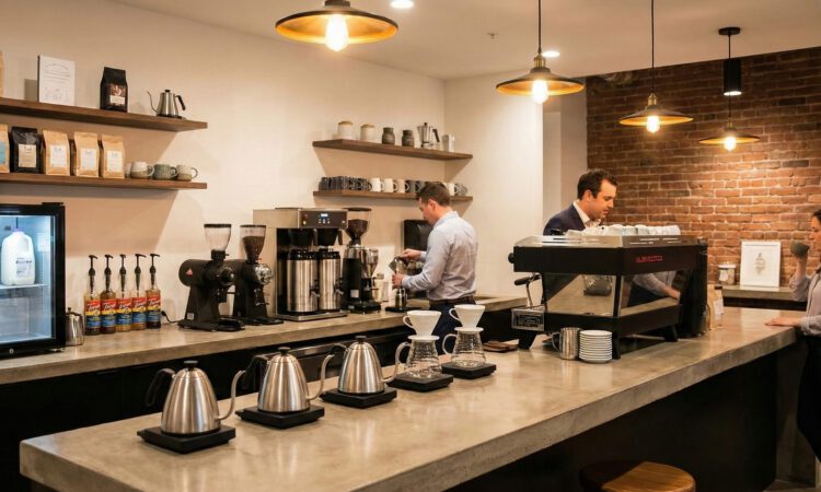 breakroom counter with many coffee options