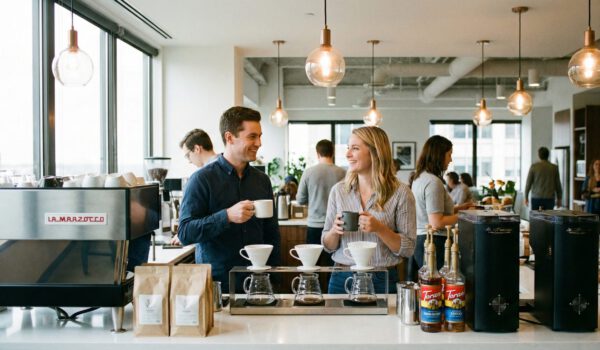 two coworkers enjoying coffee in building