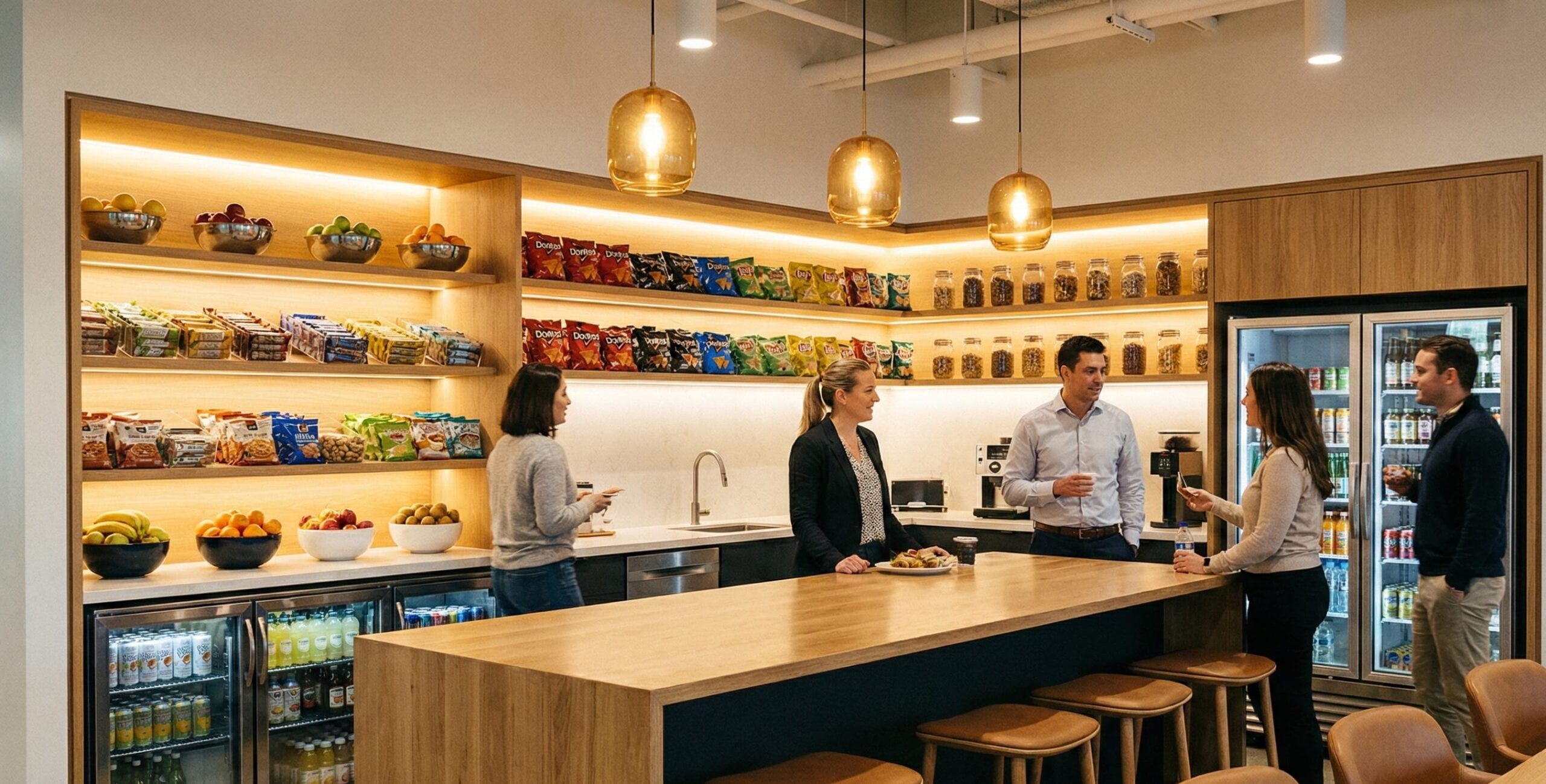 office pantry stocked with all sorts of snacks