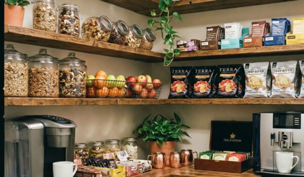 well stocked office breakroom pantry