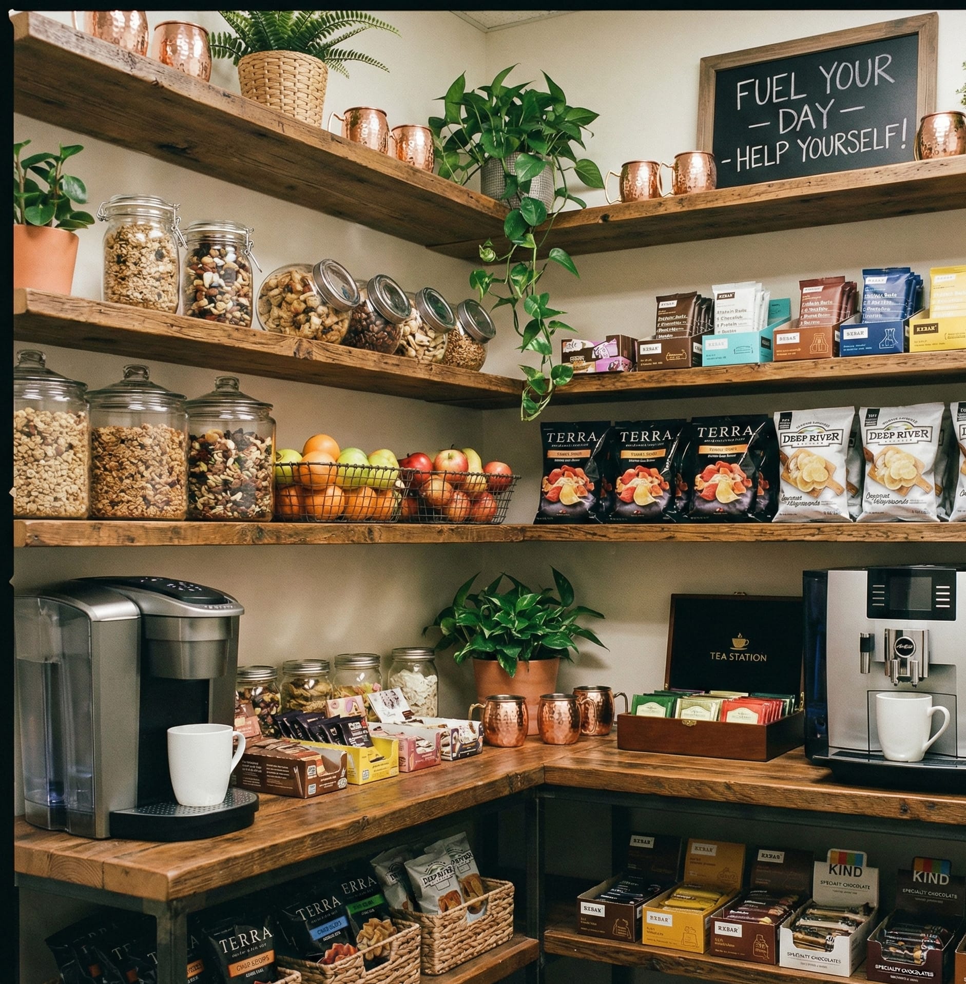 well stocked office breakroom pantry