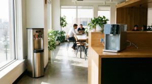office breakroom with multiple filtered water refill stations