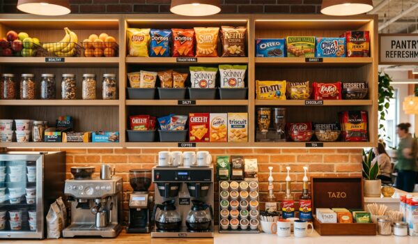 well stocked office pantry with coffee