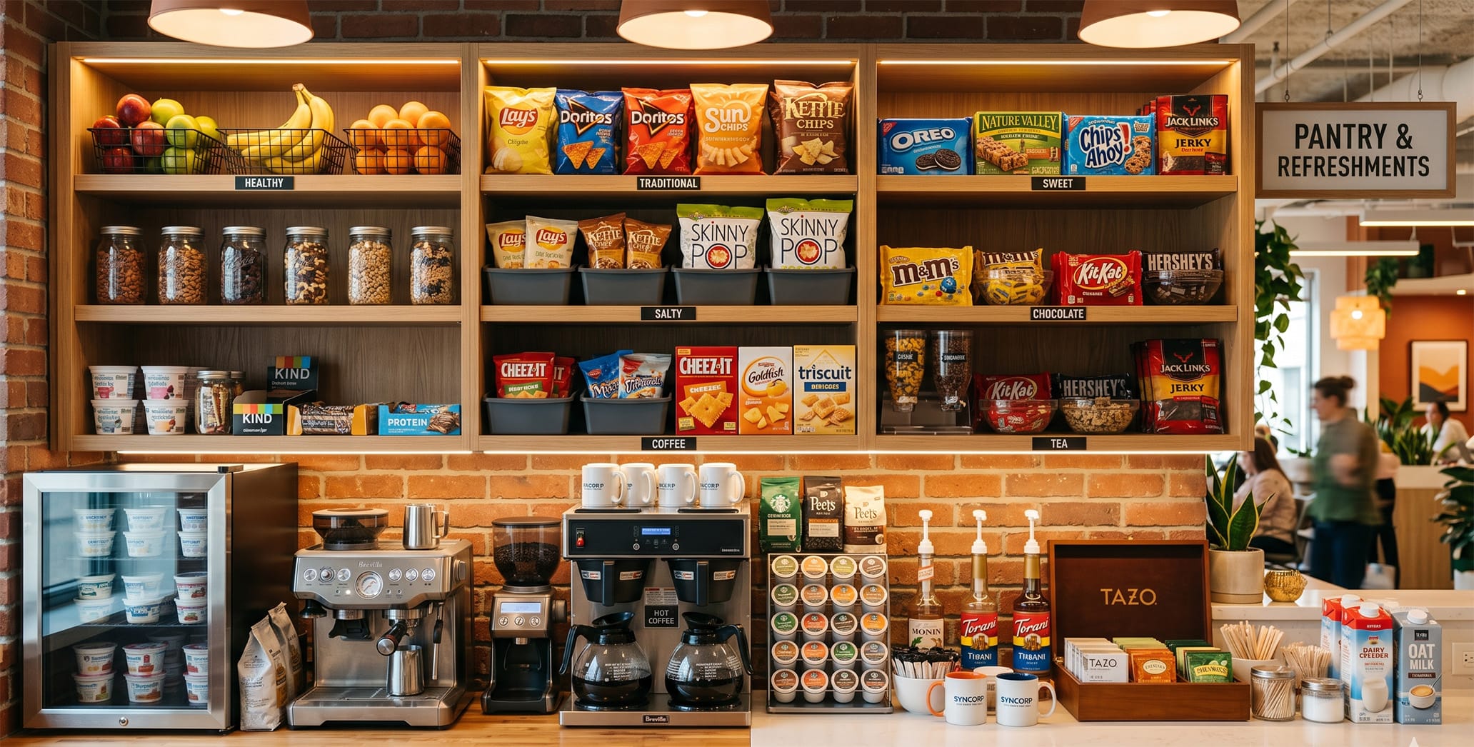 well stocked office pantry with coffee