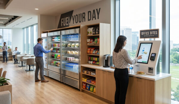 corporate micro market in new england boston area, woman using self checkout kiosk
