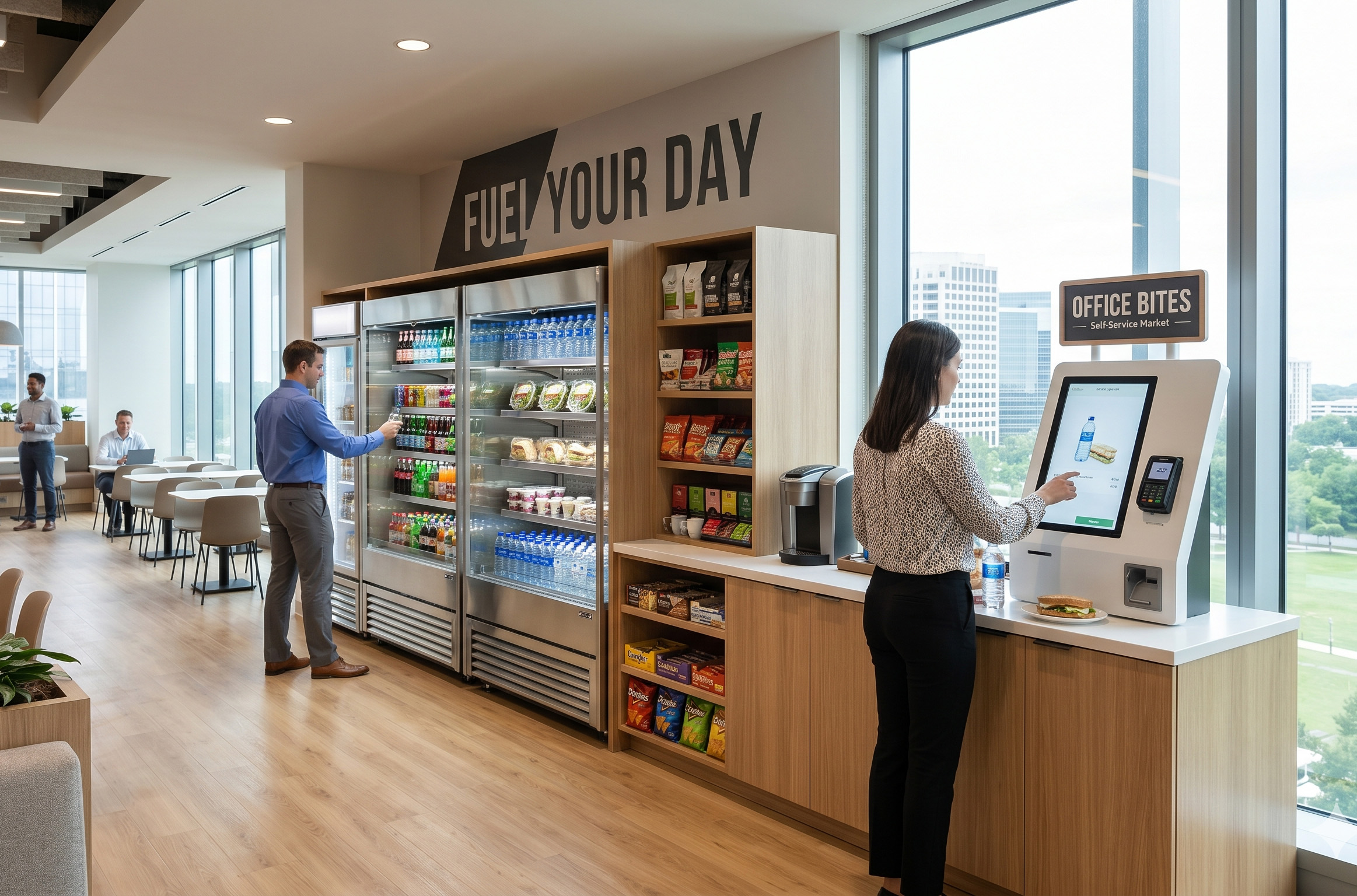 corporate micro market in new england boston area, woman using self checkout kiosk